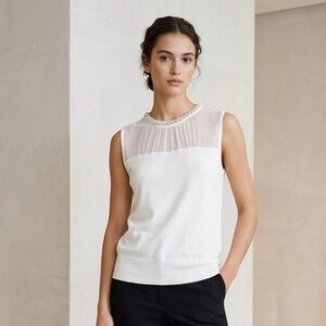 Cable & Gauge White Sleeveless Pearl-Trim Sheer Yoke Top
